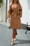 Off White Belted Turndown Collar Long Sleeve Casual Long Loose Jacket Pu Leather Windbreaker