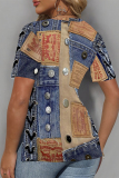 Blue Khaki Faux Denim Print V Neck Short Sleeve Slit Casual Oversize T-Shirts