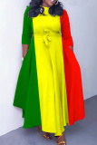 Khaki African Graphics Print O Neck 3/4 Sleeve Strap Design Belted Floor Length Plus Size Vacation Loose A Line Maxi Dress