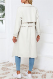 Off White Belted Turndown Collar Long Sleeve Casual Long Loose Jacket Pu Leather Windbreaker