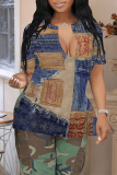 Blue Khaki Faux Denim Print V Neck Short Sleeve Slit Casual Oversize T-Shirts