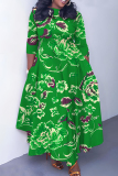 Light Brown Floral Print O Neck 3/4 Sleeve Strap Design Belted Floor Length Plus Size Vacation Loose A Line Maxi Dress