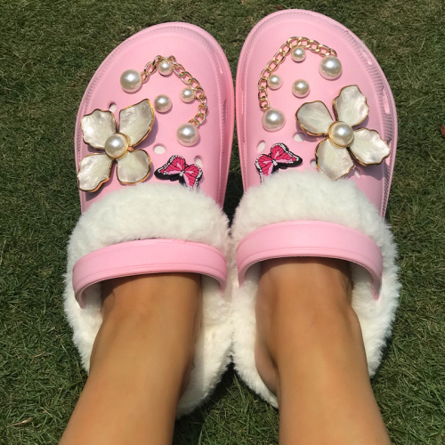 Pink Pearls Decor Butterfly Wedge Heel Thick Bottom Hole Closed Toe Sandals