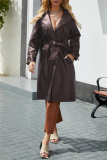 Off White Belted Turndown Collar Long Sleeve Casual Long Loose Jacket Pu Leather Windbreaker