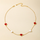 Glod Casual Metallic Red Heart Shaped Pearl Chains Necklace