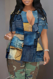 Blue Khaki Faux Denim Print V Neck Short Sleeve Slit Casual Oversize T-Shirts