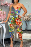 Green Vacation Sexy Casual Loose Floral Print Backless Spaghetti Strap Harem Cami Jumpsuits