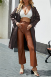 Off White Belted Turndown Collar Long Sleeve Casual Long Loose Jacket Pu Leather Windbreaker