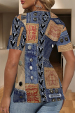 Blue Khaki Faux Denim Print V Neck Short Sleeve Slit Casual Oversize T-Shirts