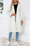 Off White Belted Turndown Collar Long Sleeve Casual Long Loose Jacket Pu Leather Windbreaker