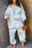 Green Floral Print Off Shoulder Long Sleeve Casual Vacation Harem Leg Jumpsuits