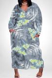 Grey Graphics Print Casual V Neck Long Sleeve Ankle Length Casual Outing Plus Size Straight Loose Maxi Dress