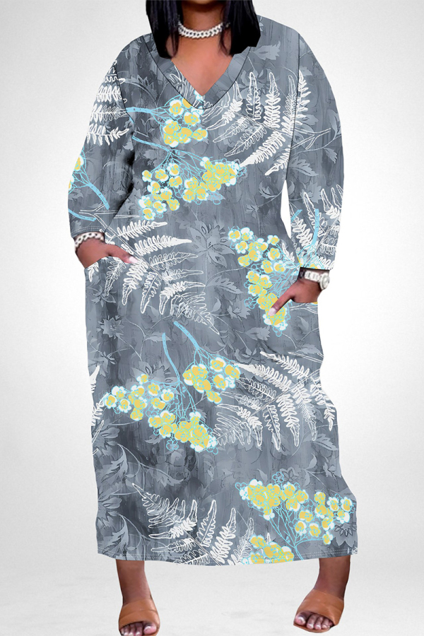 Grey Graphics Print Casual V Neck Long Sleeve Ankle Length Casual Outing Plus Size Straight Loose Maxi Dress