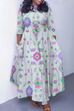 Light Green Floral Print O Neck 3/4 Sleeve Strap Design Belted Floor Length Plus Size Vacation Loose A Line Maxi Dress