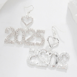 Silver Digital Rhinestone Decor Heart Long Pendant Earrings