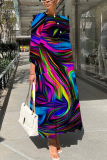 Light Blue Graphics Print O Neck 3/4 Sleeve Long Loose Vacation Casual Pleated Maxi Dresses