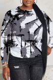 Blue Graphics Print Round Neck Long Sleeve Fall Winter Sweatshirt Tops