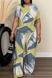 Red Graphics Print O Neck Short Sleeve Oversize T-shirt And Wide Leg Pants Casual Two Pieces Trouser Sets