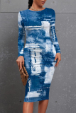 Light Blue Faux Denim Print O Neck Long Sleeve Long Casual Outing Bodycon Maxi Dress
