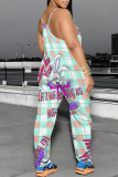 White Purple Cartoon Print Backless Spaghetti Strap Vacation Casual Loose Harem Cami Jumpsuits