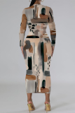Orange Black Lips Flowers Geometric Print O Neck Long Sleeve Long Casual Outing Bodycon Maxi Dress