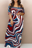 Rose Geometric Print O Neck Short Sleeve Floor Length Casual Outing Plus Size Straight Loose Maxi Dress