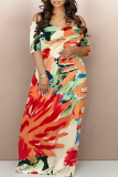 Purple Floral Graffiti Print V Neck Short Sleeve Floor Length Casual Outing Plus Size Straight Loose Maxi Dress