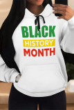 White Letter Print Long Sleeve Draw String Pocket Casual Fall Winter Hooded Sweatshirt