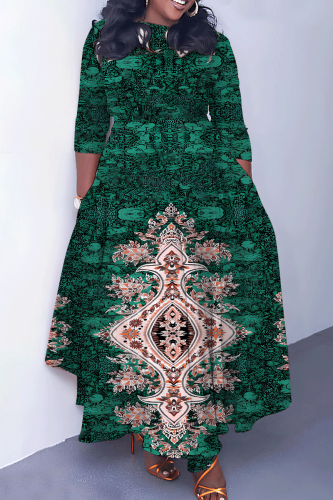 Dark Green Graphics Print O Neck 3/4 Sleeve Belted Waist Casual Outing Plus Size Straight Loose Maxi Dresses