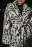 Multicolor Leopard Turndown Collar Long Sleeve Casual Mid-Length Cardigan Faux Fox Fur Coat