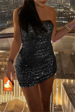 Black Sequins Sleeveless Backless Strapless Formal Evening Party Prom Nightclub Tube Bodycon Mini Dresses