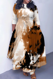 Dark Green Graphics Print O Neck 3/4 Sleeve Belted Waist Casual Outing Plus Size Straight Loose Maxi Dresses
