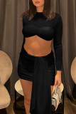 Red O Neck Long Sleeve Crop Tops And Ruched Sash Mini Skirt Formal Evening Party Prom Two Pieces Dress Sets