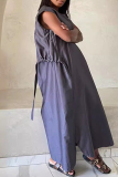 Grey O Neck Sleeveless Pocket Long Casual Loose Vacation Ruched Maxi Dresses