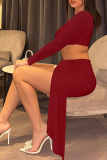Red O Neck Long Sleeve Crop Tops And Ruched Sash Mini Skirt Formal Evening Party Prom Two Pieces Dress Sets