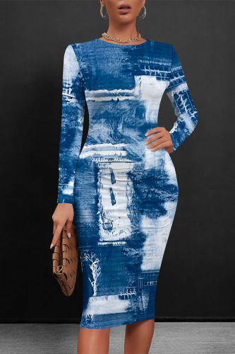 Light Blue Faux Denim Print O Neck Long Sleeve Long Casual Outing Bodycon Maxi Dress