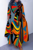 Black Orange African Girl Print O Neck 3/4 Sleeve Belted Waist Casual Outing Plus Size Straight Loose Maxi Dresses