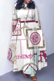 Camel Graphics Print O Neck 3/4 Sleeve Belted Waist Casual Outing Plus Size Straight Loose Maxi Dresses
