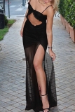 Black Sleeveless Backless Hollow Out Slit Mesh Stitching Lace Formal Evening Party Prom Ruched Maxi Slip Dresses