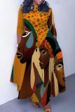 Black Orange African Girl Print O Neck 3/4 Sleeve Belted Waist Casual Outing Plus Size Straight Loose Maxi Dresses