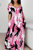 Rose Geometric Print O Neck Short Sleeve Floor Length Casual Outing Plus Size Straight Loose Maxi Dress