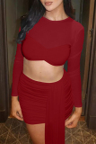 Red O Neck Long Sleeve Crop Tops And Ruched Sash Mini Skirt Formal Evening Party Prom Two Pieces Dress Sets