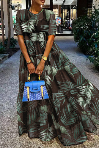 Green Geometric Print Short Sleeve Loose Straight A Line Daily Vacation Maxi Dress