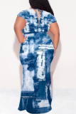 White Blue Faux Denim Print V Neck Short Sleeve Lace Up Floor Length Plus Size Bodycon Maxi Dresses