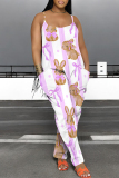 White Purple Cartoon Print Backless Spaghetti Strap Vacation Casual Loose Harem Cami Jumpsuits