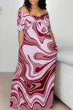 Rose Geometric Print O Neck Short Sleeve Floor Length Casual Outing Plus Size Straight Loose Maxi Dress