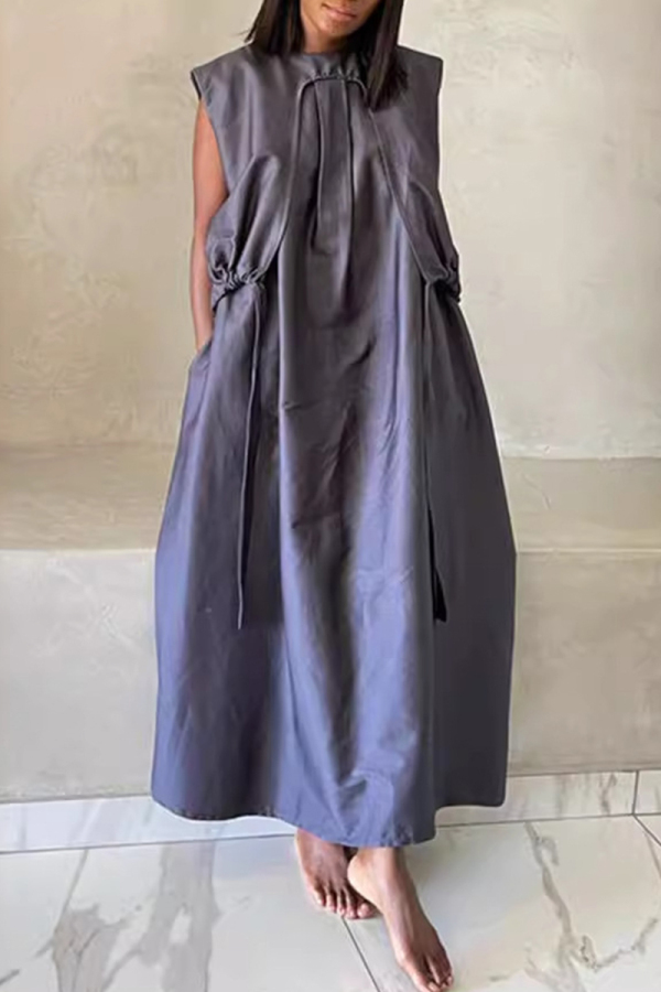 Grey O Neck Sleeveless Pocket Long Casual Loose Vacation Ruched Maxi Dresses