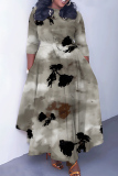 Camel Graphics Print O Neck 3/4 Sleeve Belted Waist Casual Outing Plus Size Straight Loose Maxi Dresses