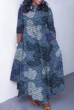 Dark Gray African Girl Print O Neck 3/4 Sleeve Belted Waist Casual Outing Plus Size Straight Loose Maxi Dresses