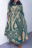 Dark Green Graphics Print O Neck 3/4 Sleeve Belted Waist Casual Outing Plus Size Straight Loose Maxi Dresses